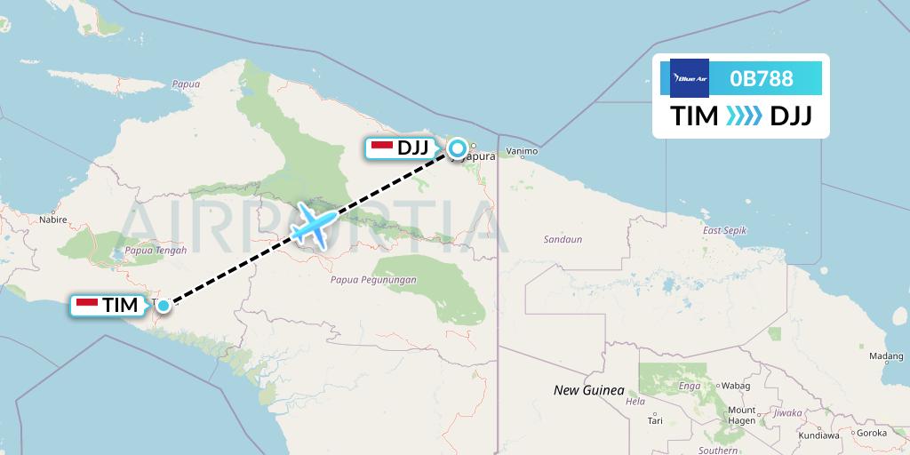 0B788 Blue Air Flight Map: Timika to Jayapura