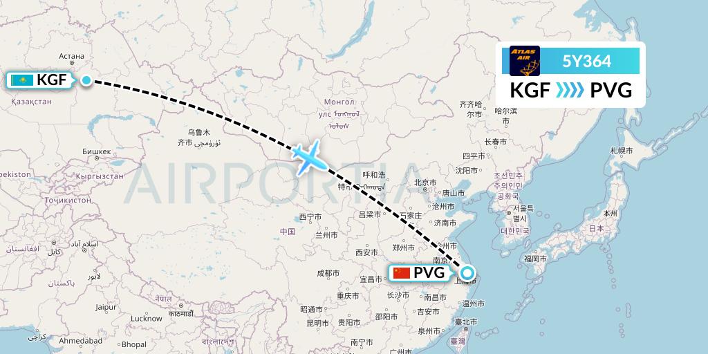 5Y364 Atlas Air Flight Map: Karaganda to Shanghai