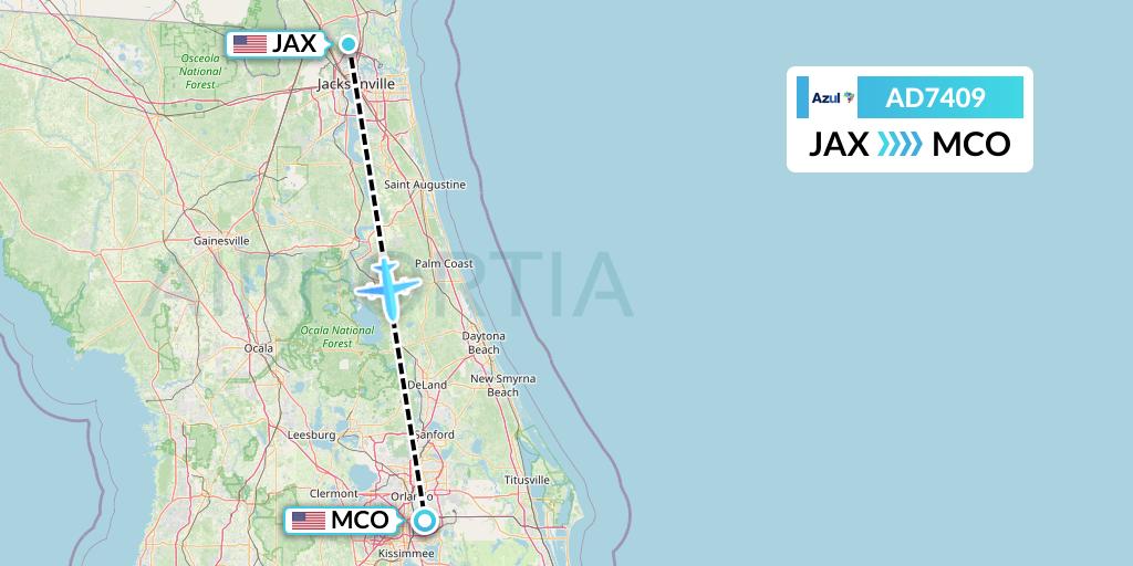 AD7409 Azul Brazilian Airlines Flight Map: Jacksonville to Orlando