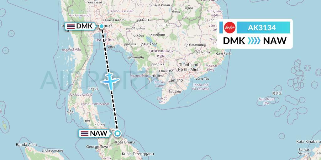 AK3134 AirAsia Flight Map: Bangkok to Narathiwat