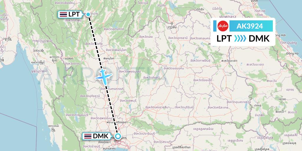 AK3924 AirAsia Flight Map: Lampang to Bangkok