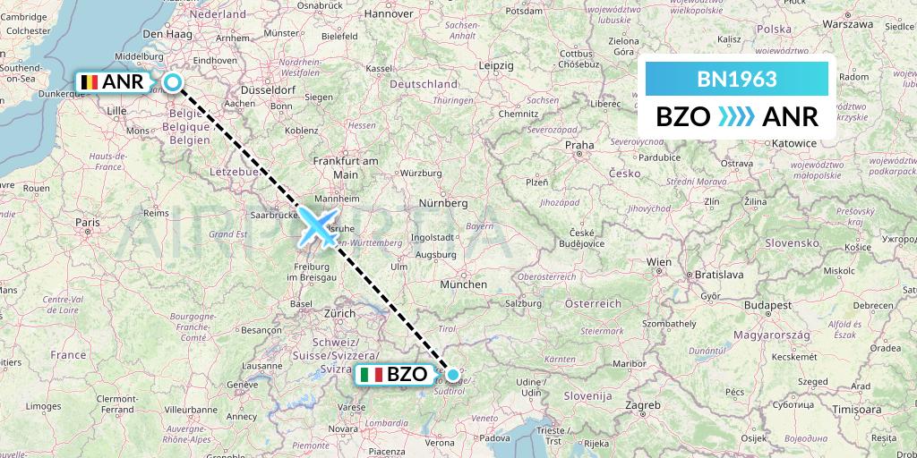 BN1963 Forward Air International Airlines Flight Map: Bolzano to Antwerp