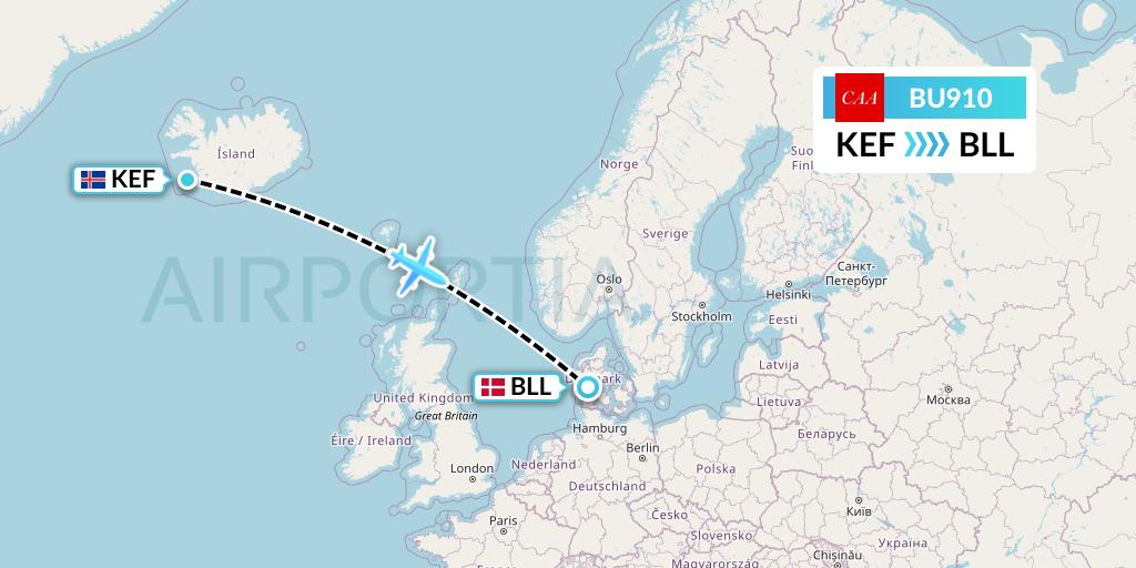 BU910 flyCAA Flight Map: Reykjavik to Billund