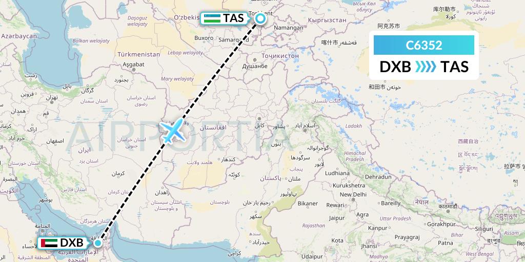C6352 Capitol Air Express Flight Map: Dubai to Tashkent