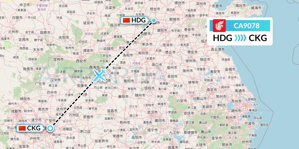 CA9078 Air China Flight Map: Handan to Chongqing