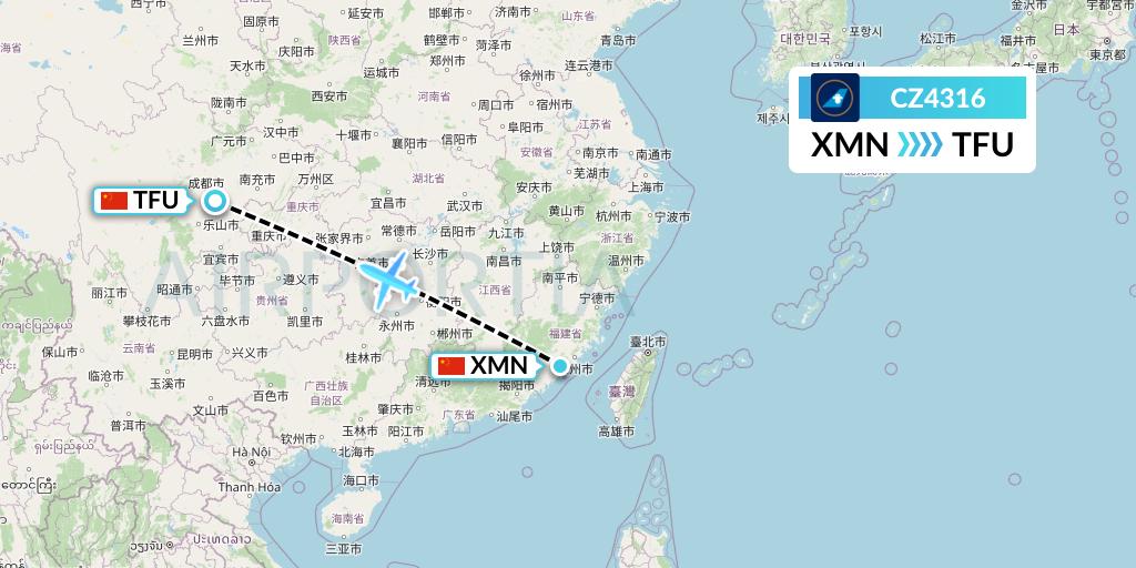 CZ4316 China Southern Airlines Flight Map: Xiamen to Chengdu