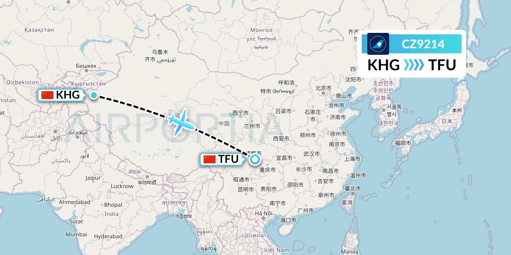 CZ9214 China Southern Airlines Flight Map: Kashgar to Chengdu