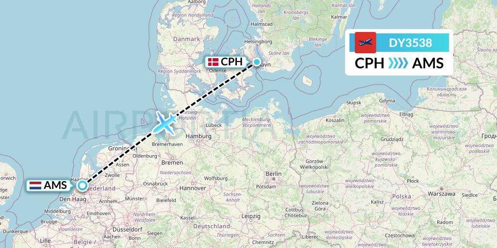 DY3538 Norwegian Flight Map: Copenhagen to Amsterdam