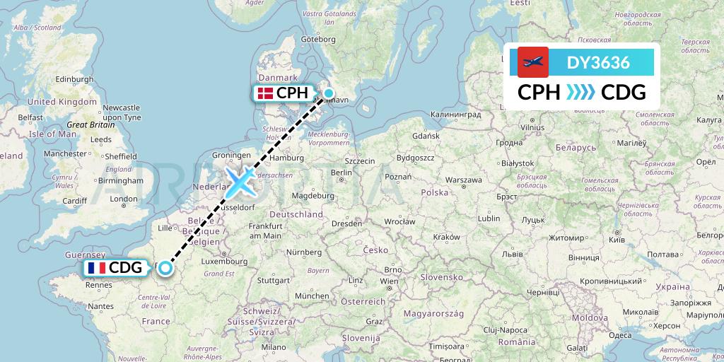 DY3636 Norwegian Flight Map: Copenhagen to Paris