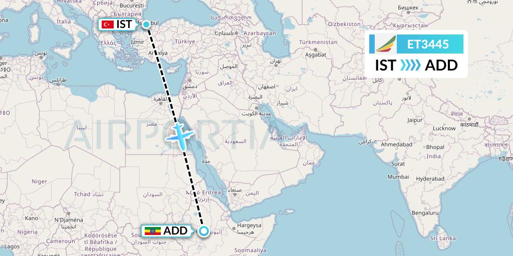 ET3445 Ethiopian Airlines Flight Map: Istanbul to Addis Ababa