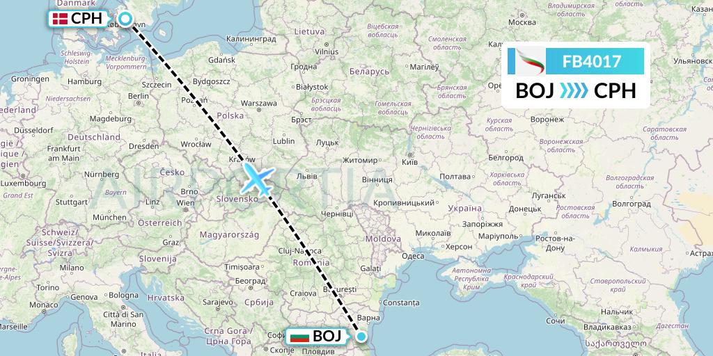 FB4017 Bulgaria Air Flight Map: Burgas to Copenhagen