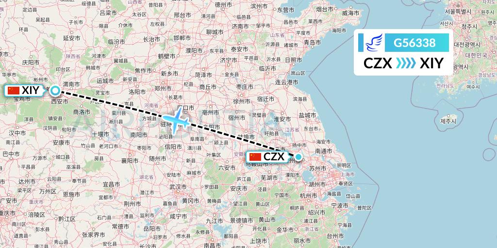G56338 China Express Airlines Flight Map: Changzhou to Xi'an