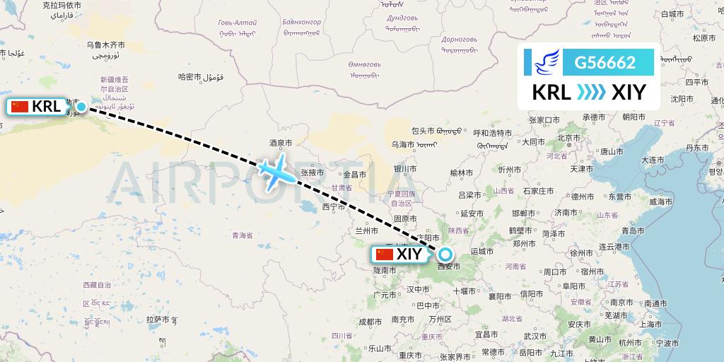 G56662 China Express Airlines Flight Map: Korla to Xi'an