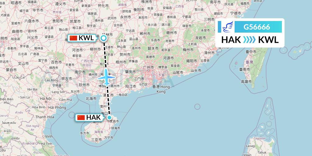 G56666 China Express Airlines Flight Map: Haikou to Guilin