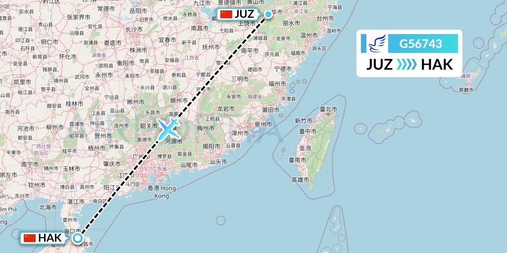 G56743 China Express Airlines Flight Map: Quzhou to Haikou