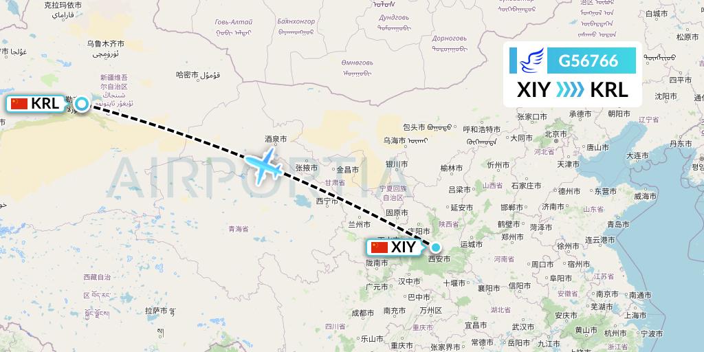 G56766 China Express Airlines Flight Map: Xi'an to Korla