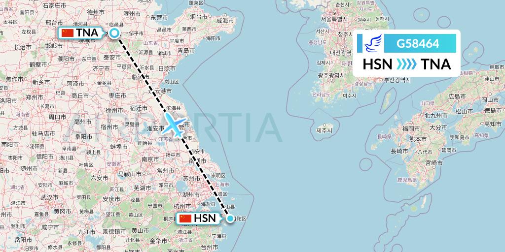 G58464 China Express Airlines Flight Map: Zhoushan to Jinan