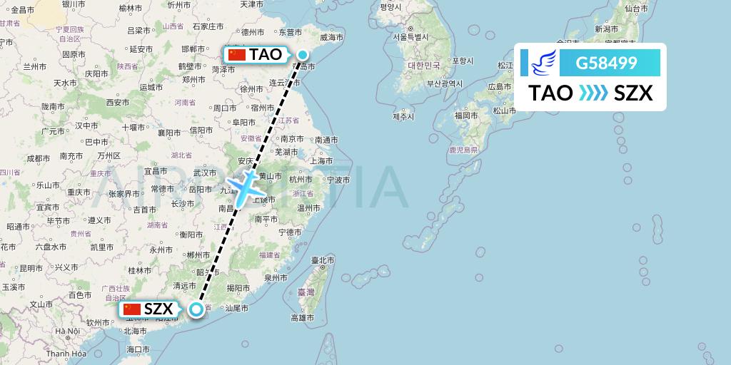 G58499 China Express Airlines Flight Map: Qingdao to Shenzhen