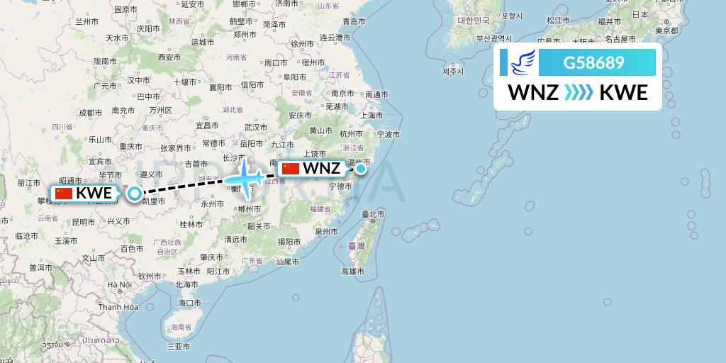 G58689 China Express Airlines Flight Map: Wenzhou to Guiyang