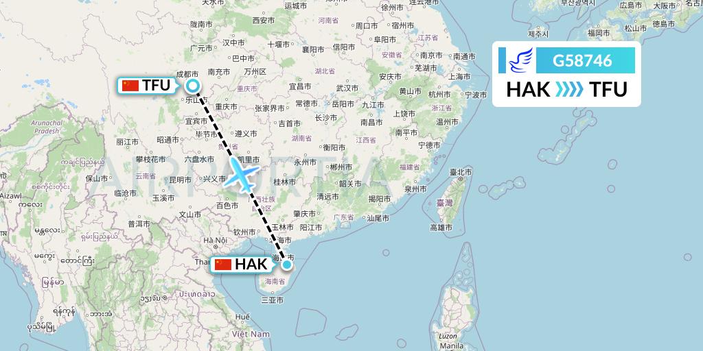 G58746 China Express Airlines Flight Map: Haikou to Chengdu