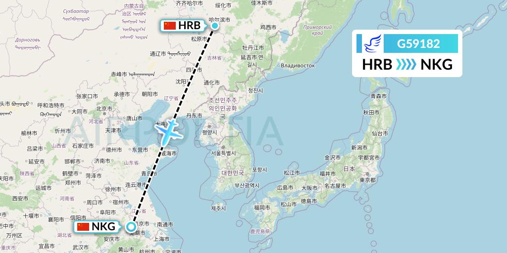 G59182 China Express Airlines Flight Map: Harbin to Nanjing
