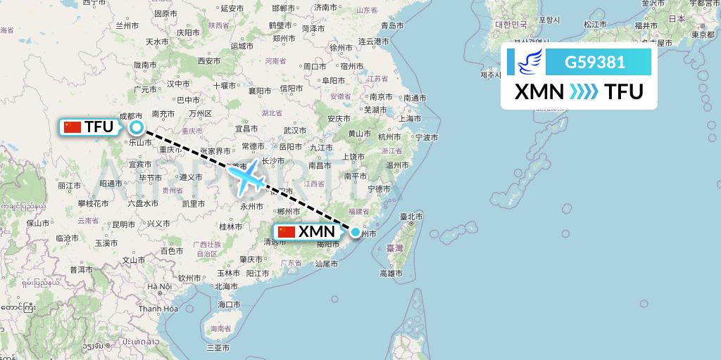 G59381 China Express Airlines Flight Map: Xiamen to Chengdu