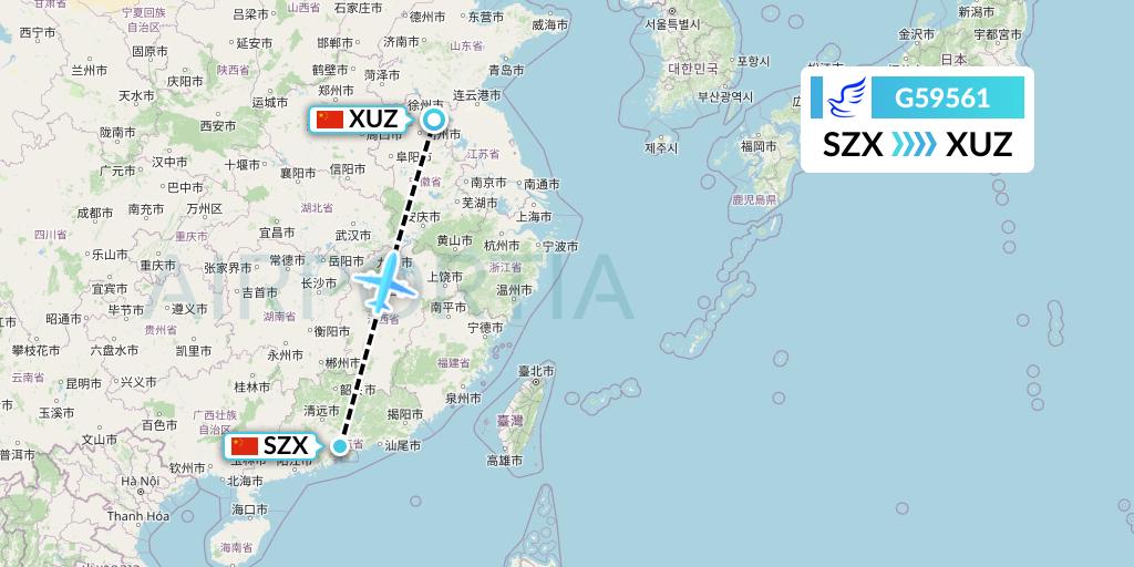 G59561 China Express Airlines Flight Map: Shenzhen to Xuzhou