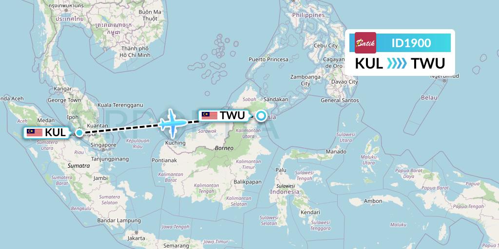 ID1900 Batik Air Flight Map: Kuala Lumpur to Tawau