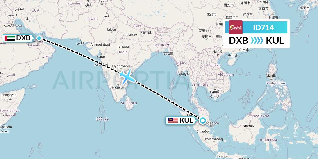 ID714 Batik Air Flight Map: Dubai to Kuala Lumpur