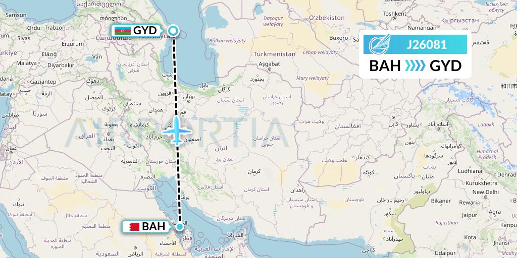 J26081 Azerbaijan Airlines Flight Map: Bahrain to Baku