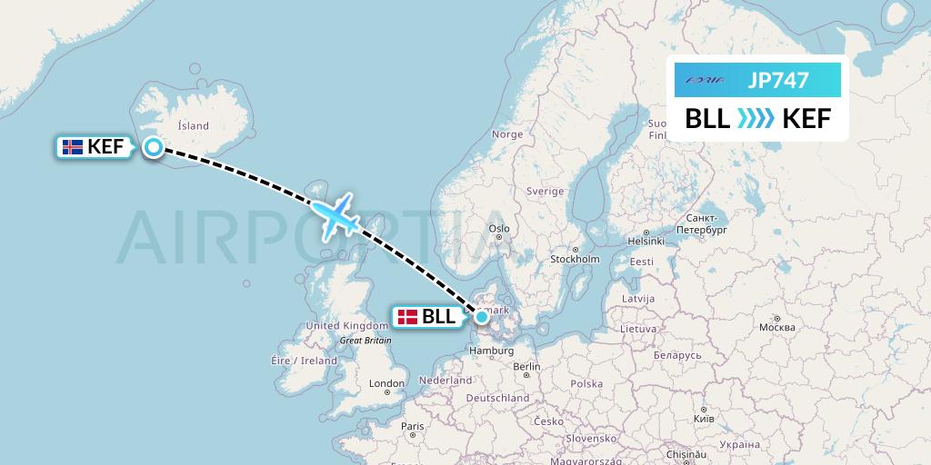 JP747 Adria Airways Flight Map: Billund to Reykjavik