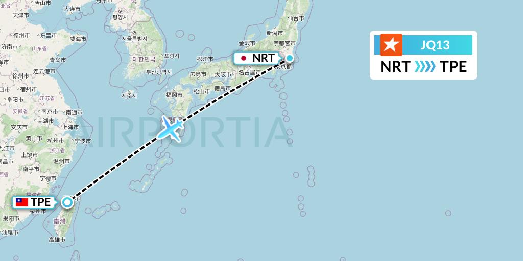 JQ13 Jetstar Airways Flight Map: Tokyo to Taipei