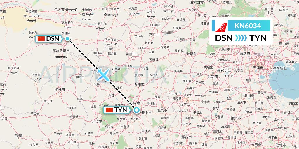 KN6034 China United Airlines Flight Map: Dongsheng to Taiyuan