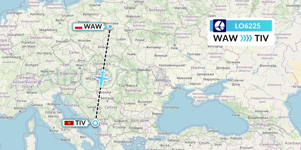 LO6225 LOT Flight Map: Warsaw to Tivat
