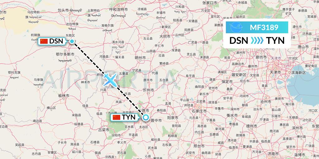 MF3189 Xiamen Airlines Flight Map: Dongsheng to Taiyuan