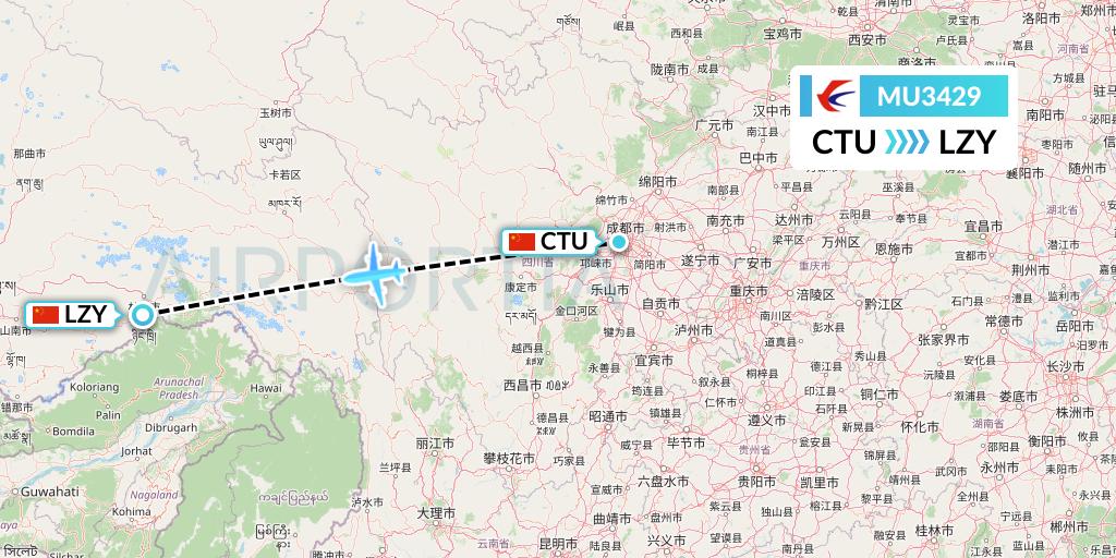 MU3429 China Eastern Airlines Flight Map: Chengdu to Nyingchi
