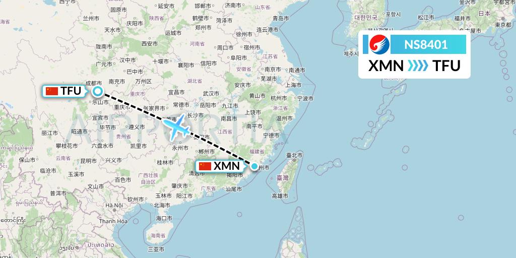 NS8401 Hebei Airlines Flight Map: Xiamen to Chengdu