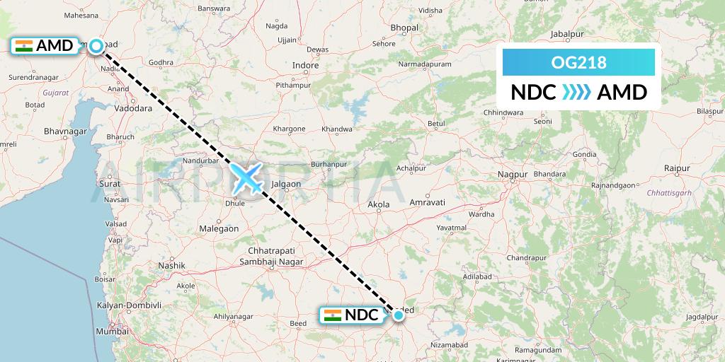 OG218 Fly Play Flight Map: Nanded to Ahmedabad