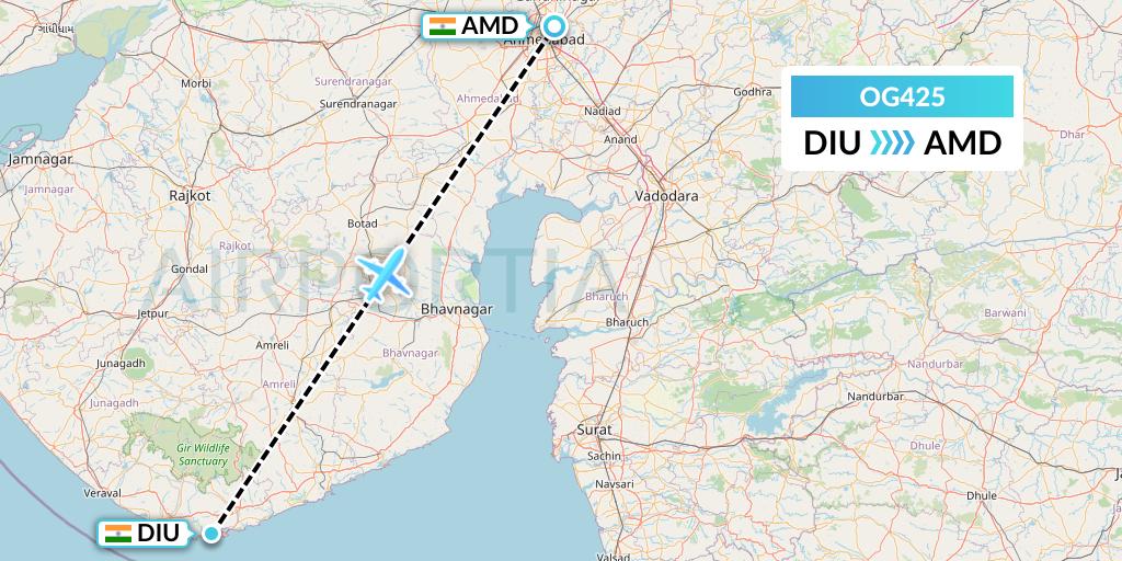 OG425 Fly Play Flight Map: Diu to Ahmedabad