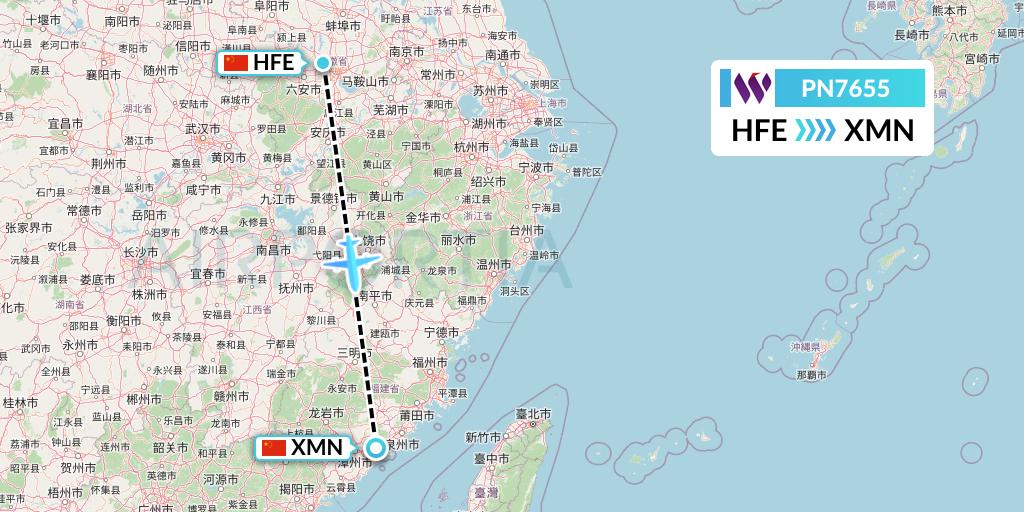 PN7655 China West Air Flight Map: Hefei to Xiamen