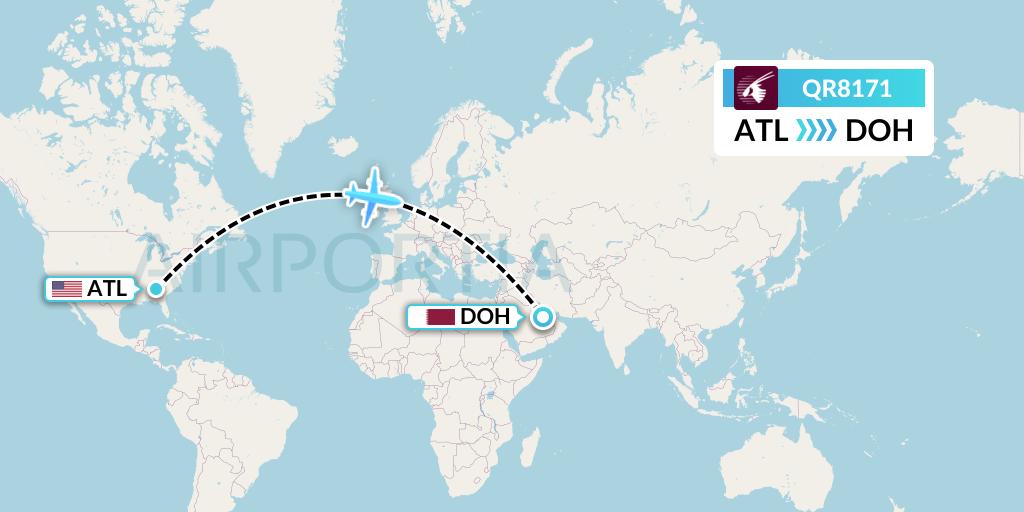 QR8171 Qatar Airways Flight Map: Atlanta to Doha