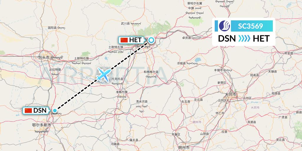 SC3569 Shandong Airlines Flight Map: Dongsheng to Hohhot