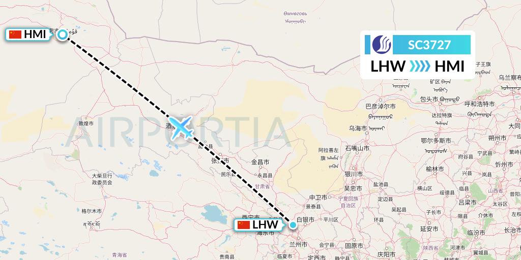 SC3727 Shandong Airlines Flight Map: Lanzhou to Hami City