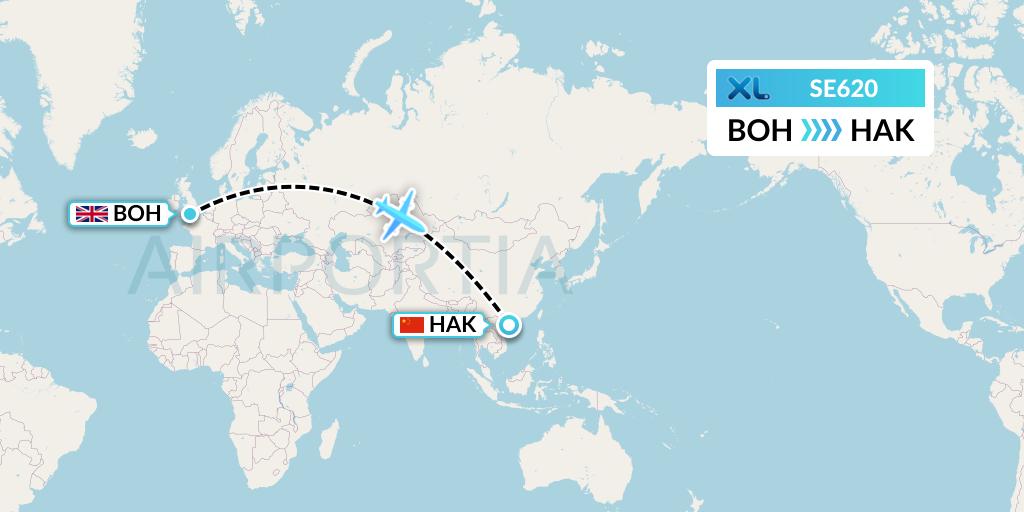 SE620 XL Airways France Flight Map: Bournemouth to Haikou
