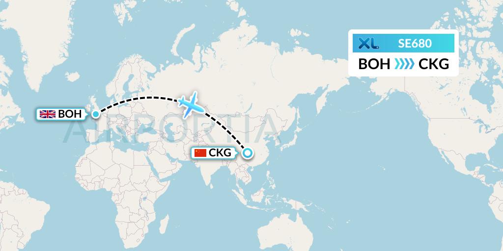 SE680 XL Airways France Flight Map: Bournemouth to Chongqing