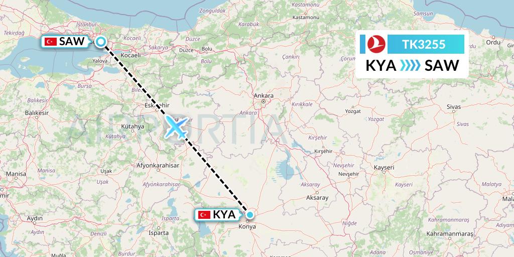 TK3255 Turkish Airlines Flight Map: Konya to Istanbul