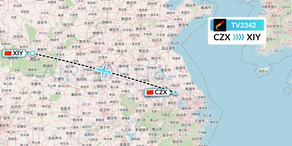 TV2342 Tibet Airlines Flight Map: Changzhou to Xi'an