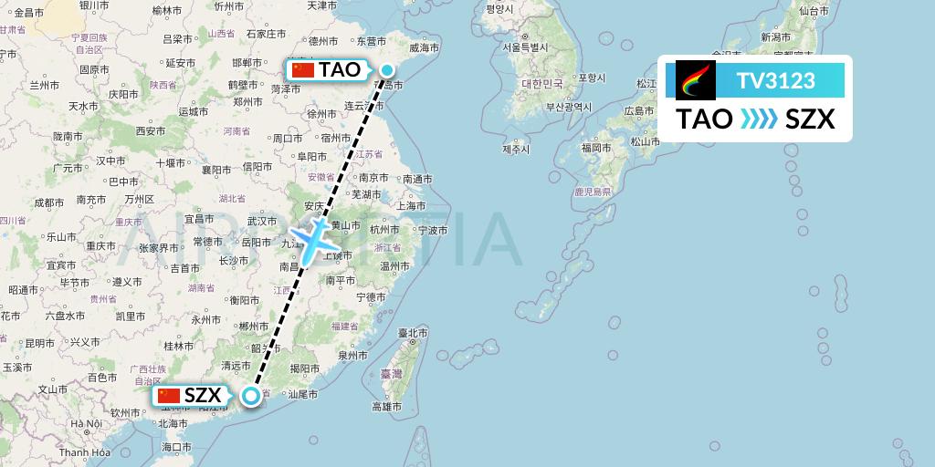 TV3123 Tibet Airlines Flight Map: Qingdao to Shenzhen