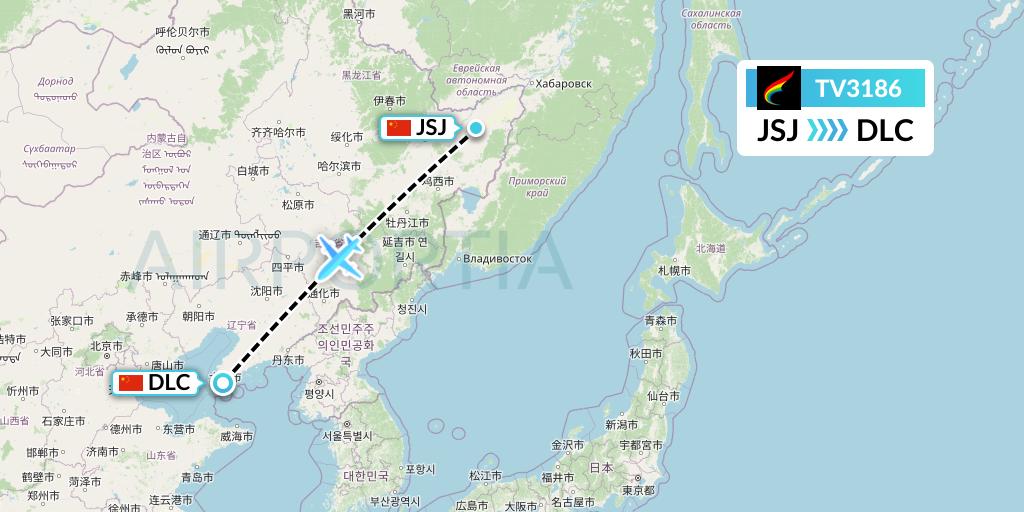 TV3186 Tibet Airlines Flight Map: Fuyuan to Dalian