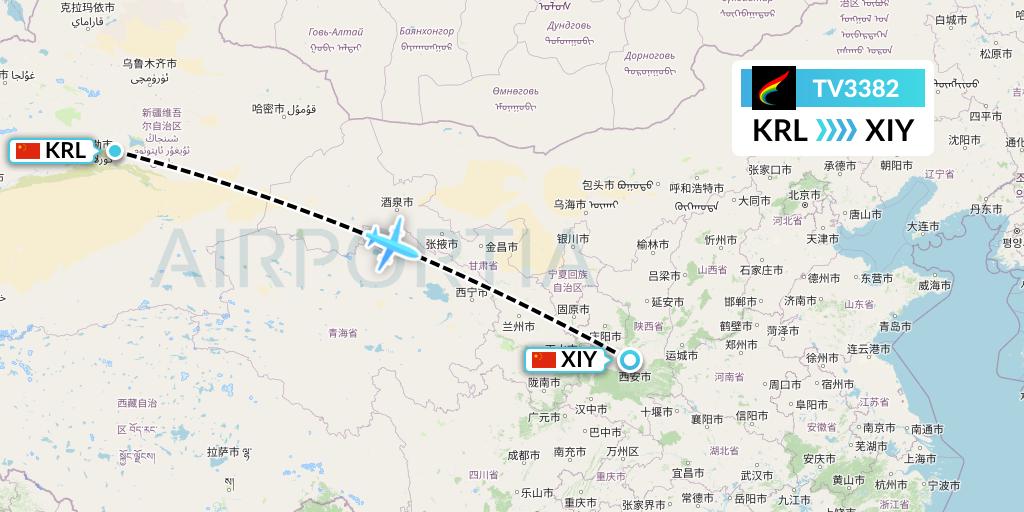 TV3382 Tibet Airlines Flight Map: Korla to Xi'an